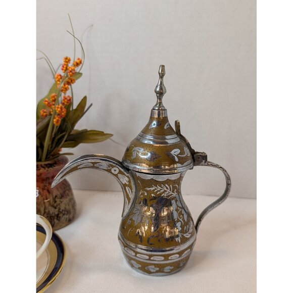 Vintage Dallah Coffee Pot Middle Eastern Style Brass & Silver Floral Engravings - Picture 6 of 10